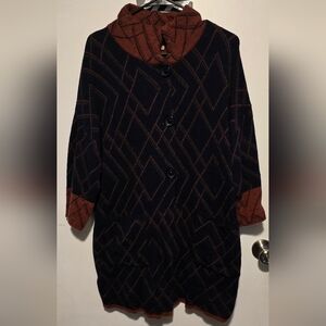 Aida Coat - Navy Rust Wool Knit Geometric Funnel Collar : Size Small